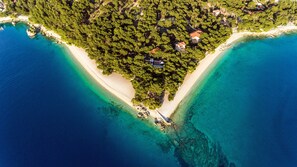 Plage, chaises longues, parasols