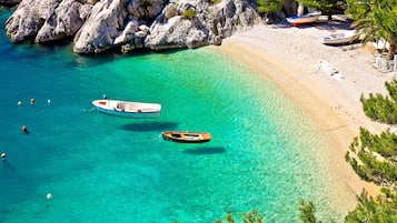 Plage, chaises longues, parasols