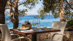 A dining table with plates of food and glasses of wine, set against a backdrop of a rocky shoreline and trees. - Maestral Adults Exclusive Hotel (Brela)