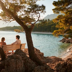 Plage, chaises longues, parasols