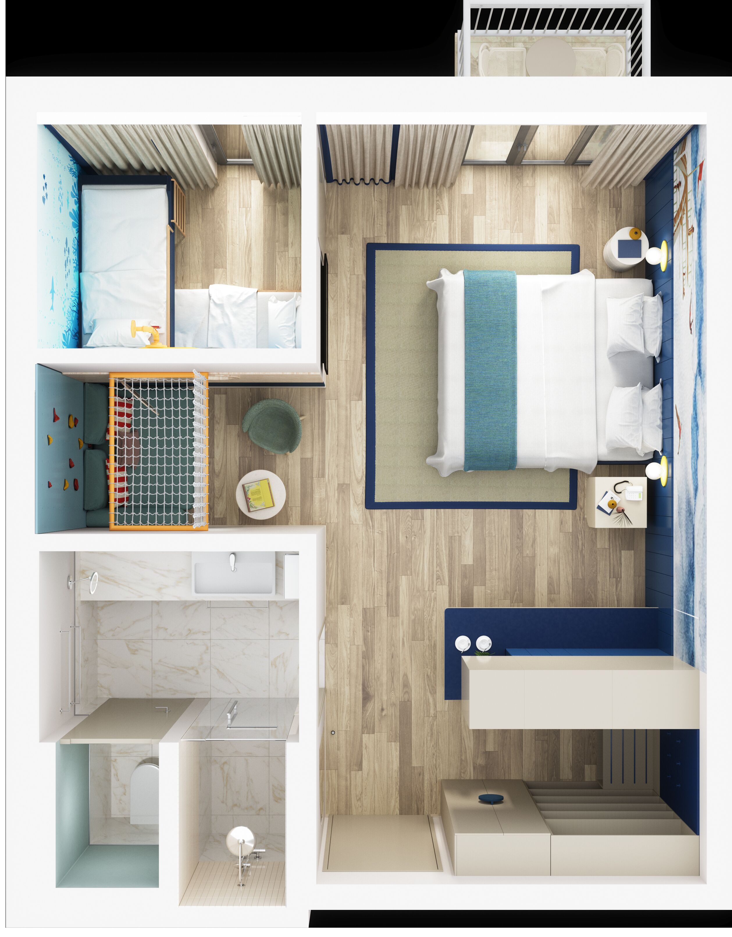 Ein modernes Hotelzimmer mit Bett, Schreibtisch, Badezimmer und Balkon.