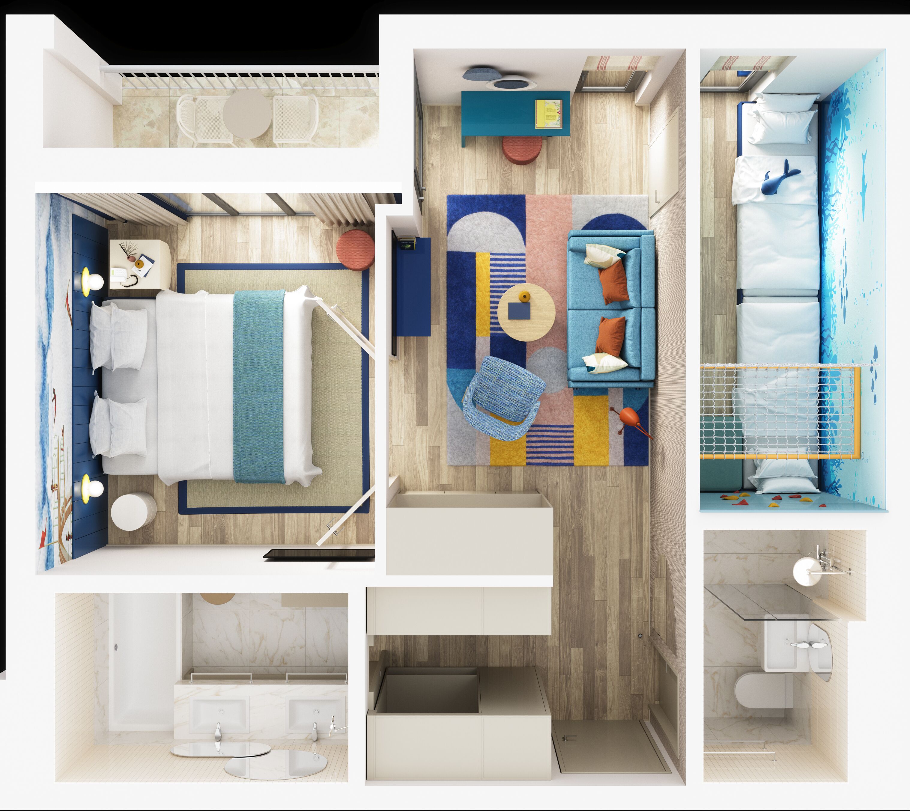 Una habitación de hotel moderna con cama, sofá, una mesita, baño con lavamanos e inodoro, y vistas al mar.
