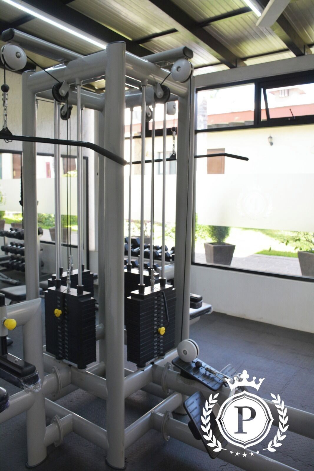 A gym with weight machines, a pull-up bar, and a window with a view of the outside.