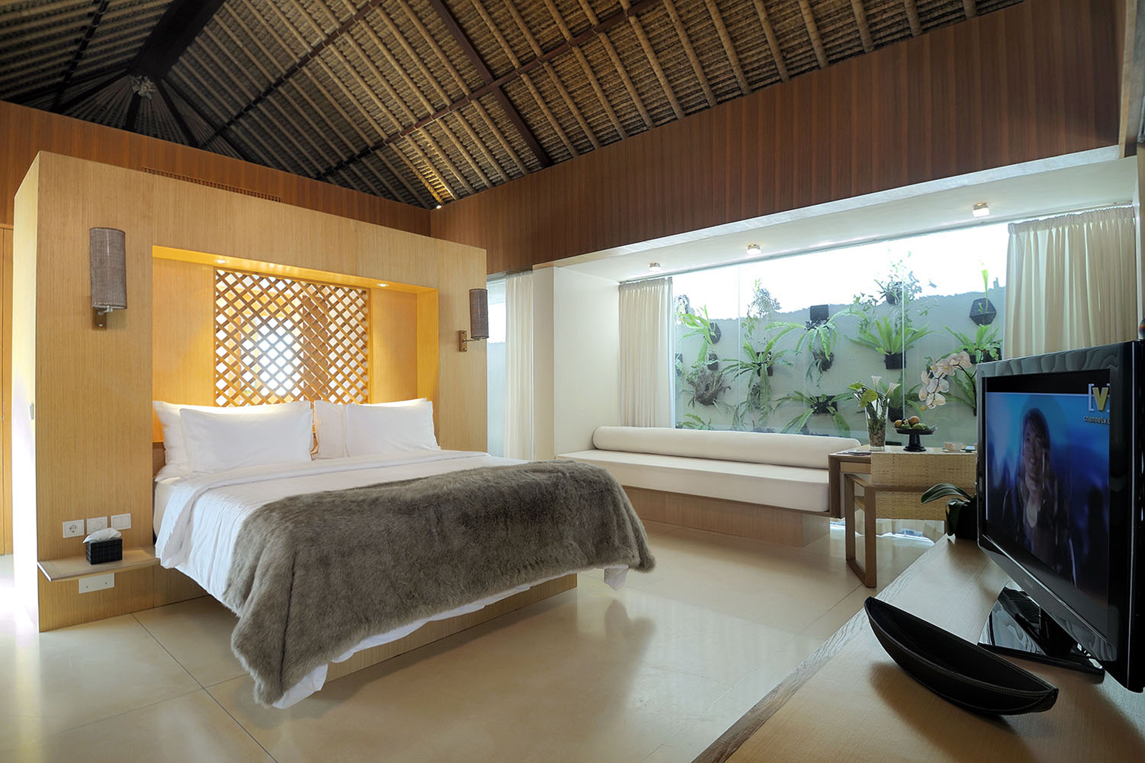 A modern bedroom with a bed, a TV, and a window with plants.
