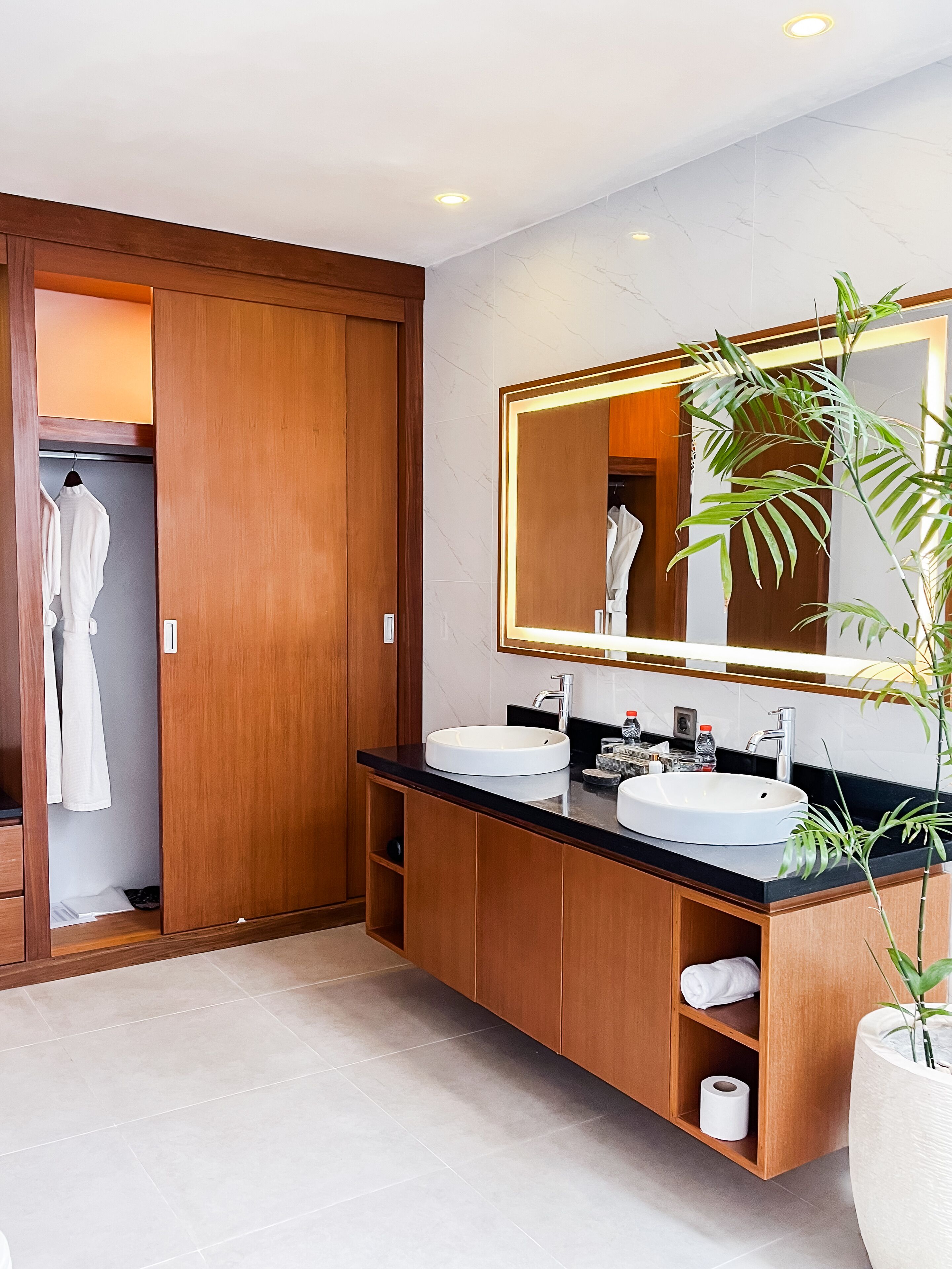 A modern bathroom with two sinks, wooden cabinets, a large mirror, and a potted plant.
