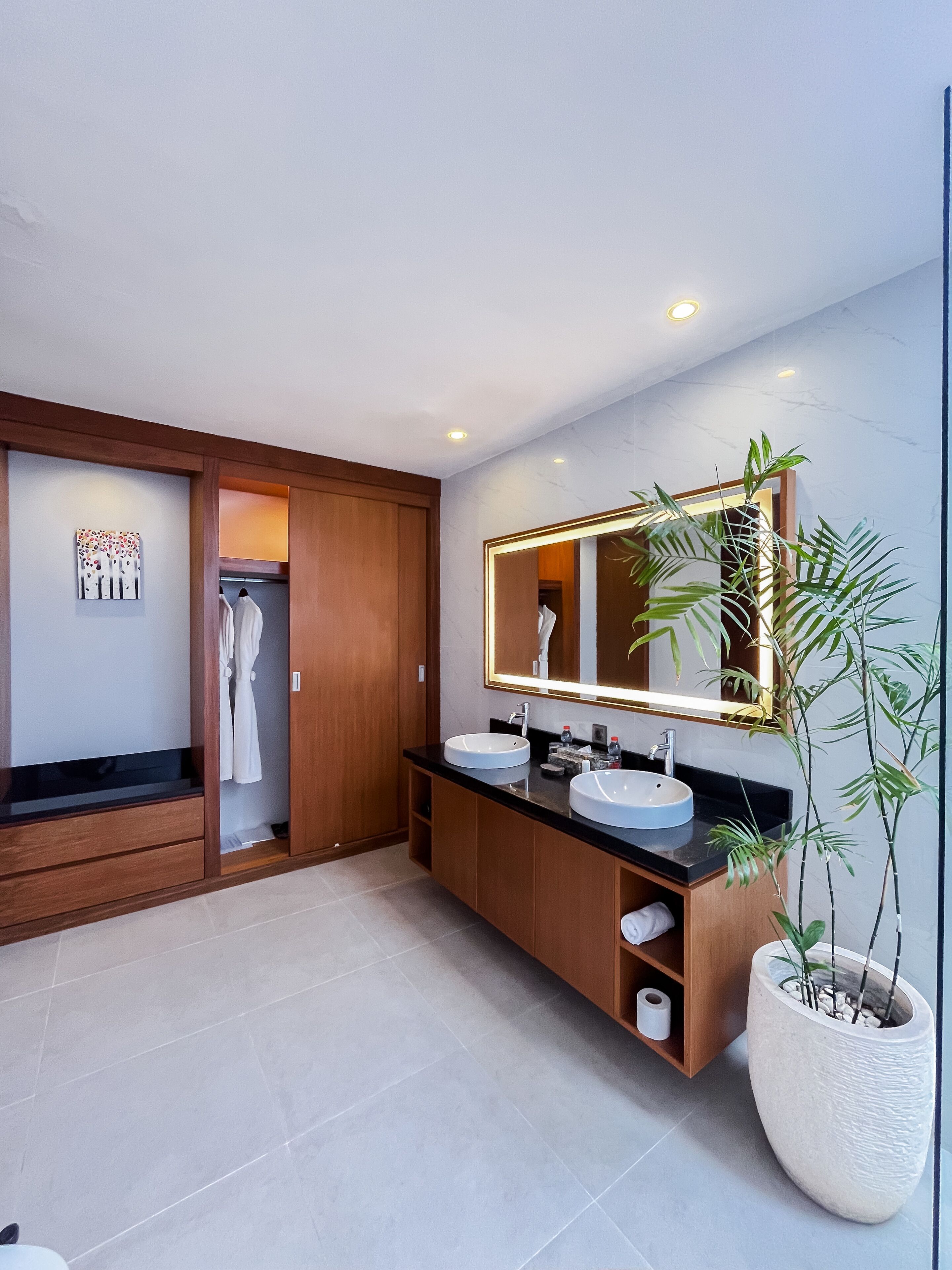 A modern bathroom with two sinks, a large mirror, wooden cabinets, and a potted plant.