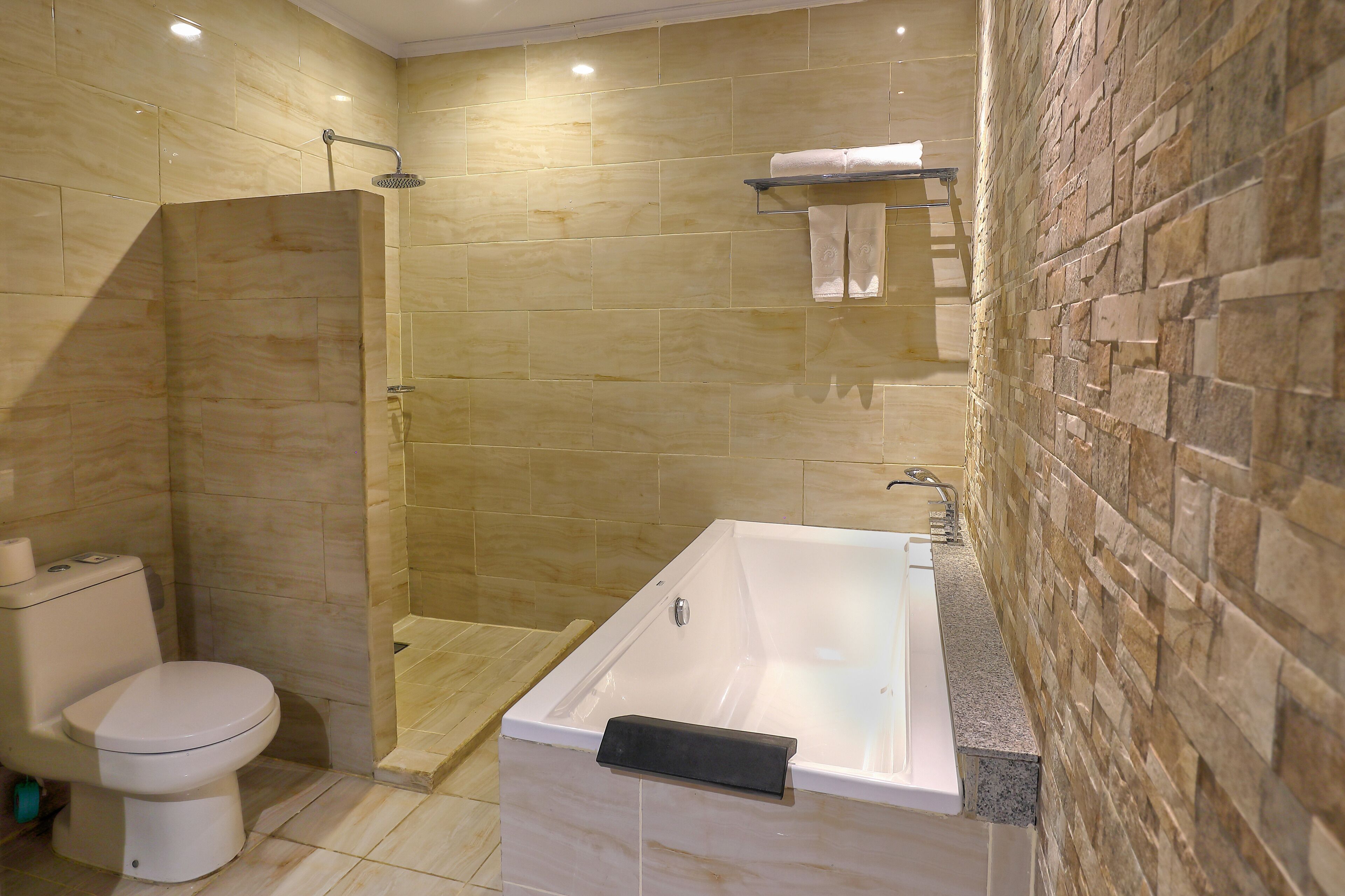 A bathroom with a shower, toilet, and bathtub.