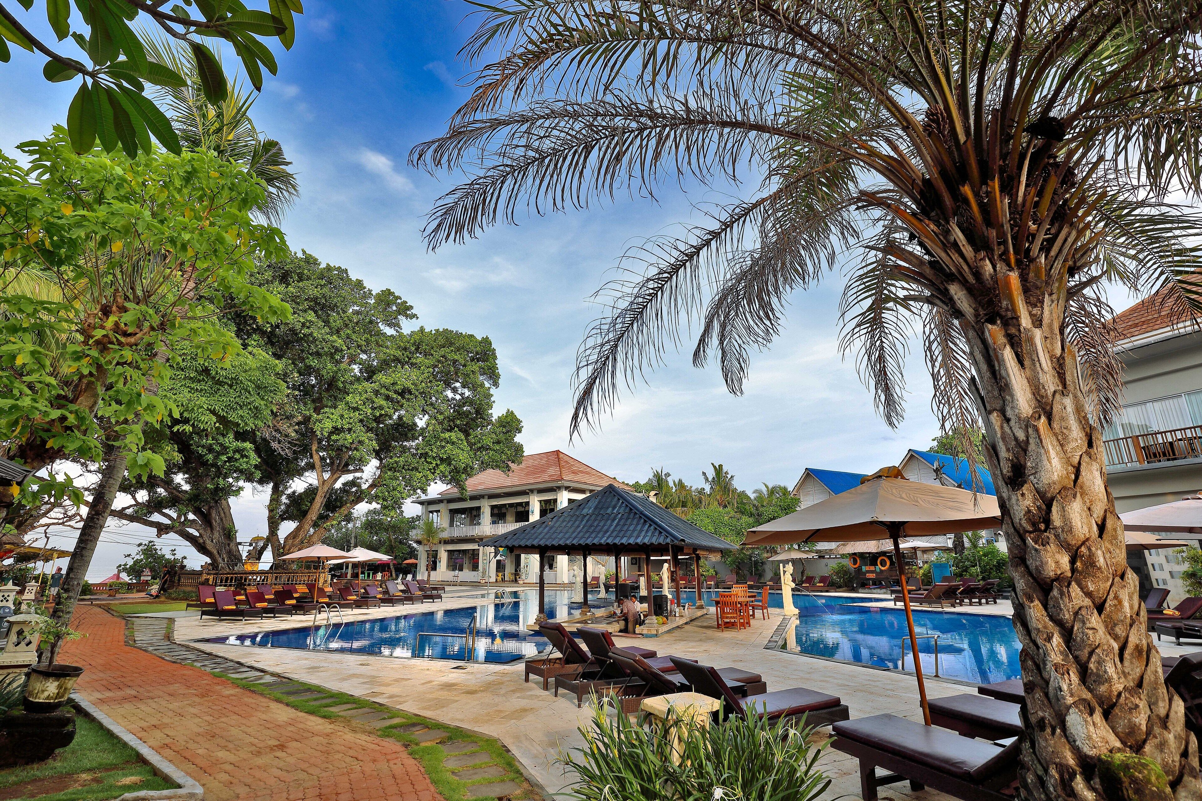 Un área de piscina con sillones de descanso, un pabellón y un árbol grande.