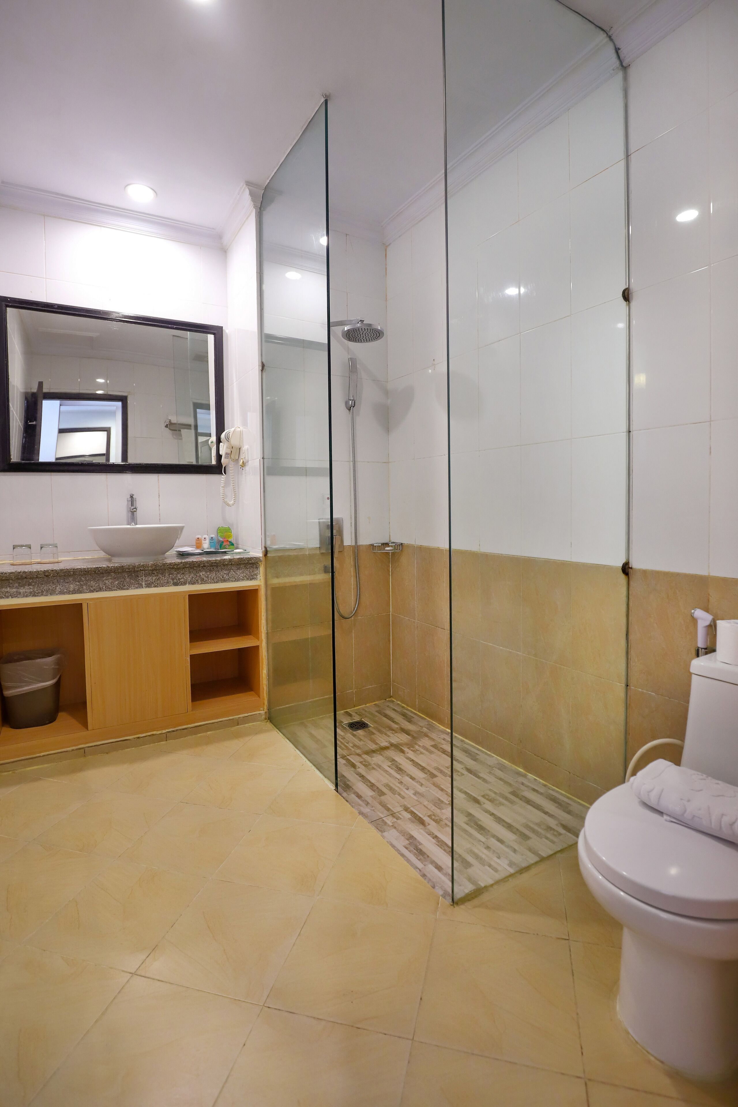 A modern bathroom with a glass-enclosed shower, a white sink, and a toilet.