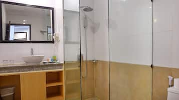 A modern bathroom with a glass-enclosed shower, a white sink, and a toilet.