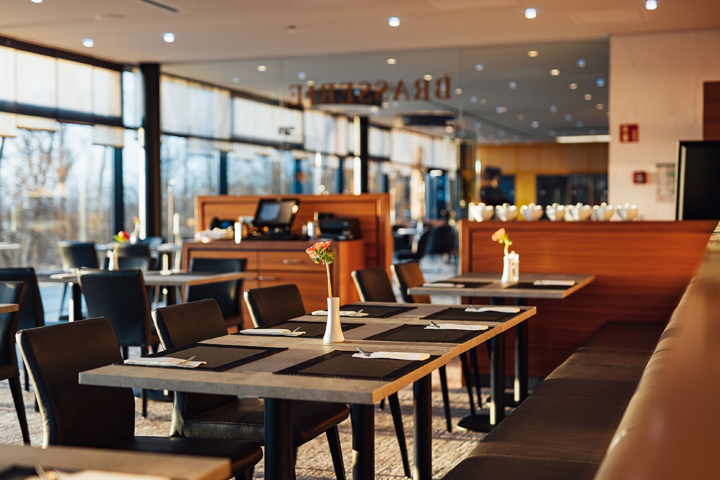 Ein modernes Restaurant mit langen Tischen, Stühlen und einer Holztresen.