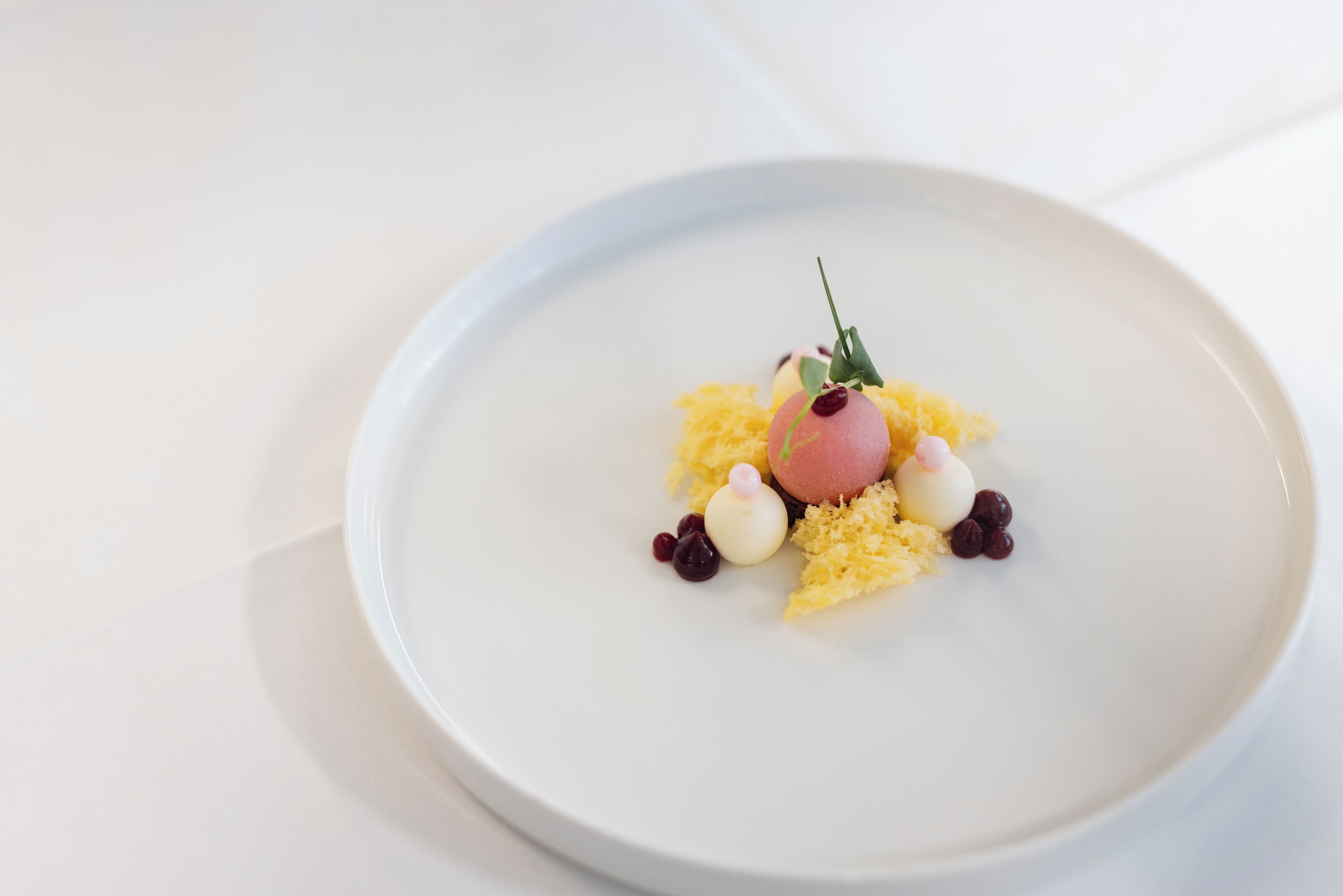 A white plate with a dessert consisting of a spherical item topped with a cherry and a sprig of greenery, surrounded by small round items and yellow crumbly pieces.