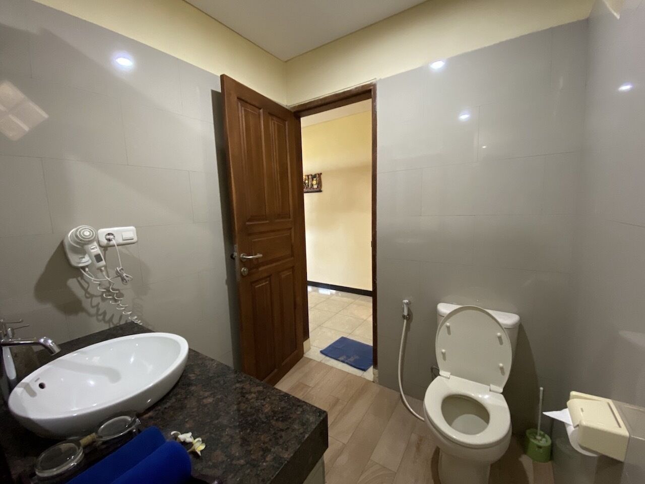 A bathroom with a sink, toilet, and a wooden door leading to another room.