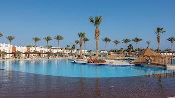 A large swimming pool with palm trees and lounge chairs.