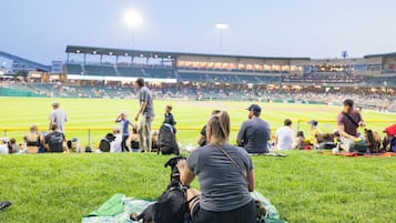 Un estadio de béisbol con césped y aficionados.