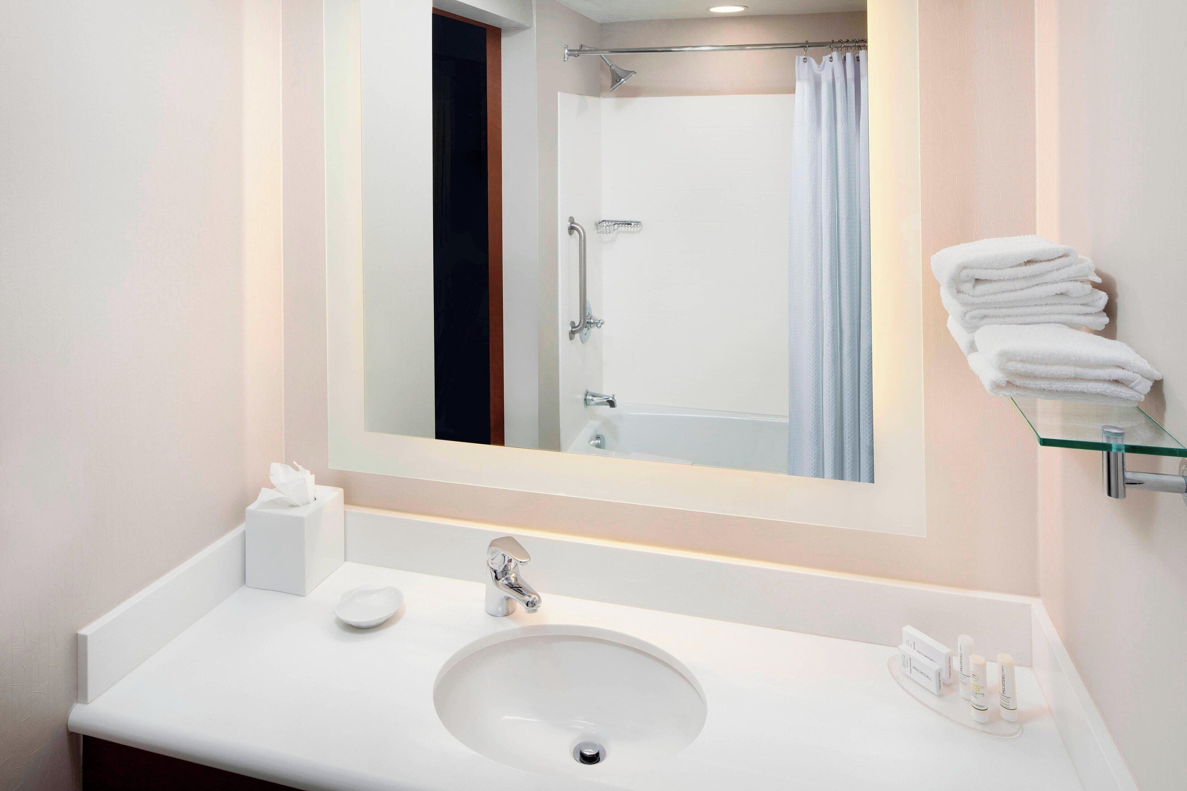 combined shower/bathtub, free toiletries, hair dryer, towels