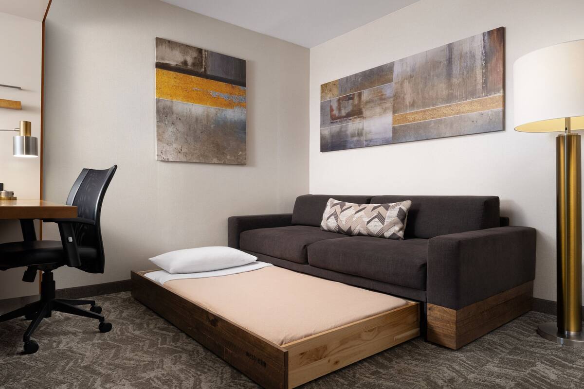 hypo-allergenic bedding, desk, laptop workspace, iron/ironing board
