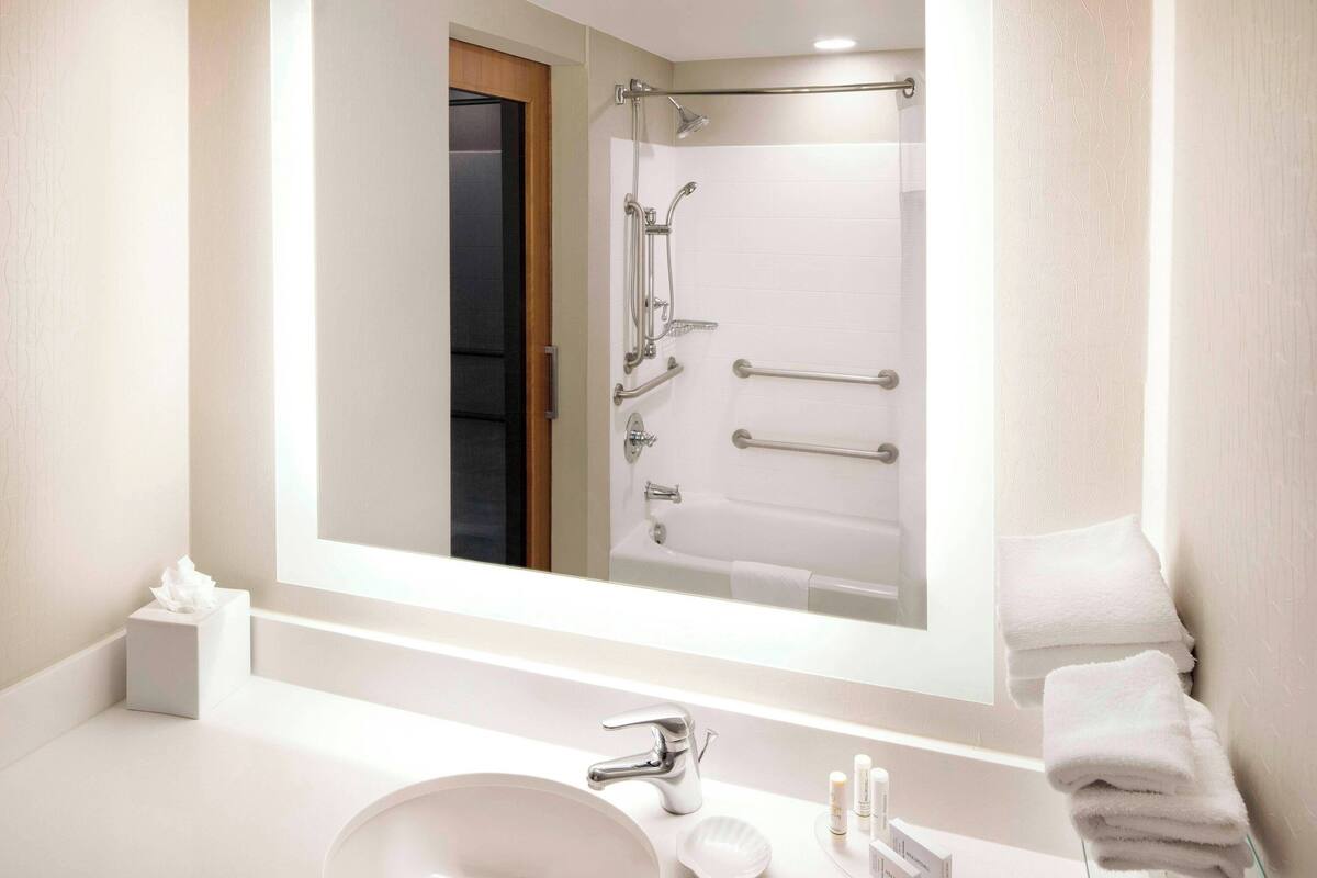 combined shower/bathtub, free toiletries, hair dryer, towels