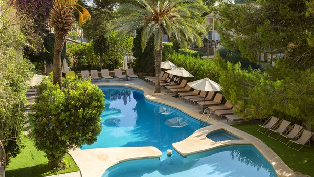 A swimming pool with multiple lounge areas, palm trees, and a well-maintained garden.