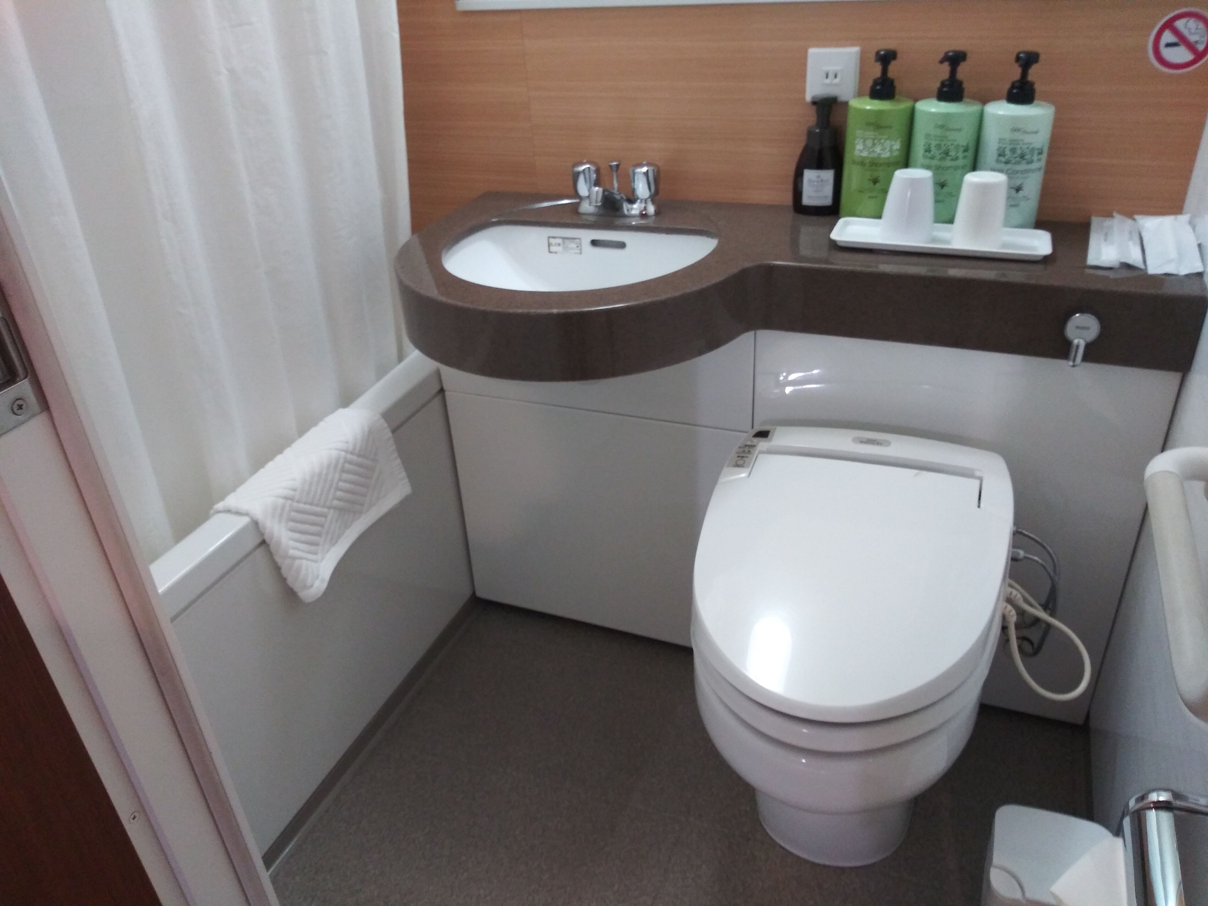 combined shower/bathtub, free toiletries, hair dryer, slippers