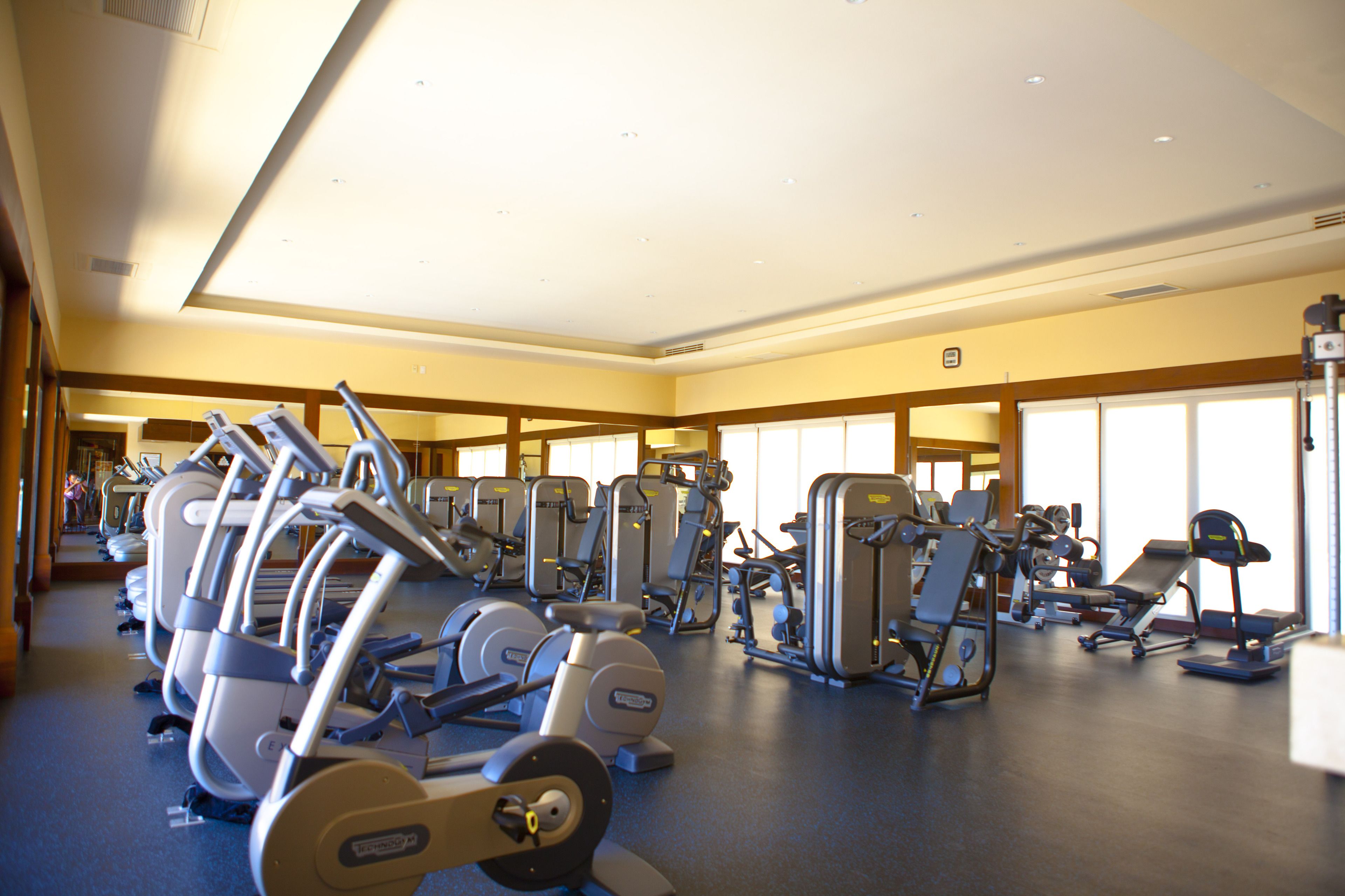 Un gimnasio con diversas máquinas de ejercicio y un amplio ventanal que proporciona luz natural.