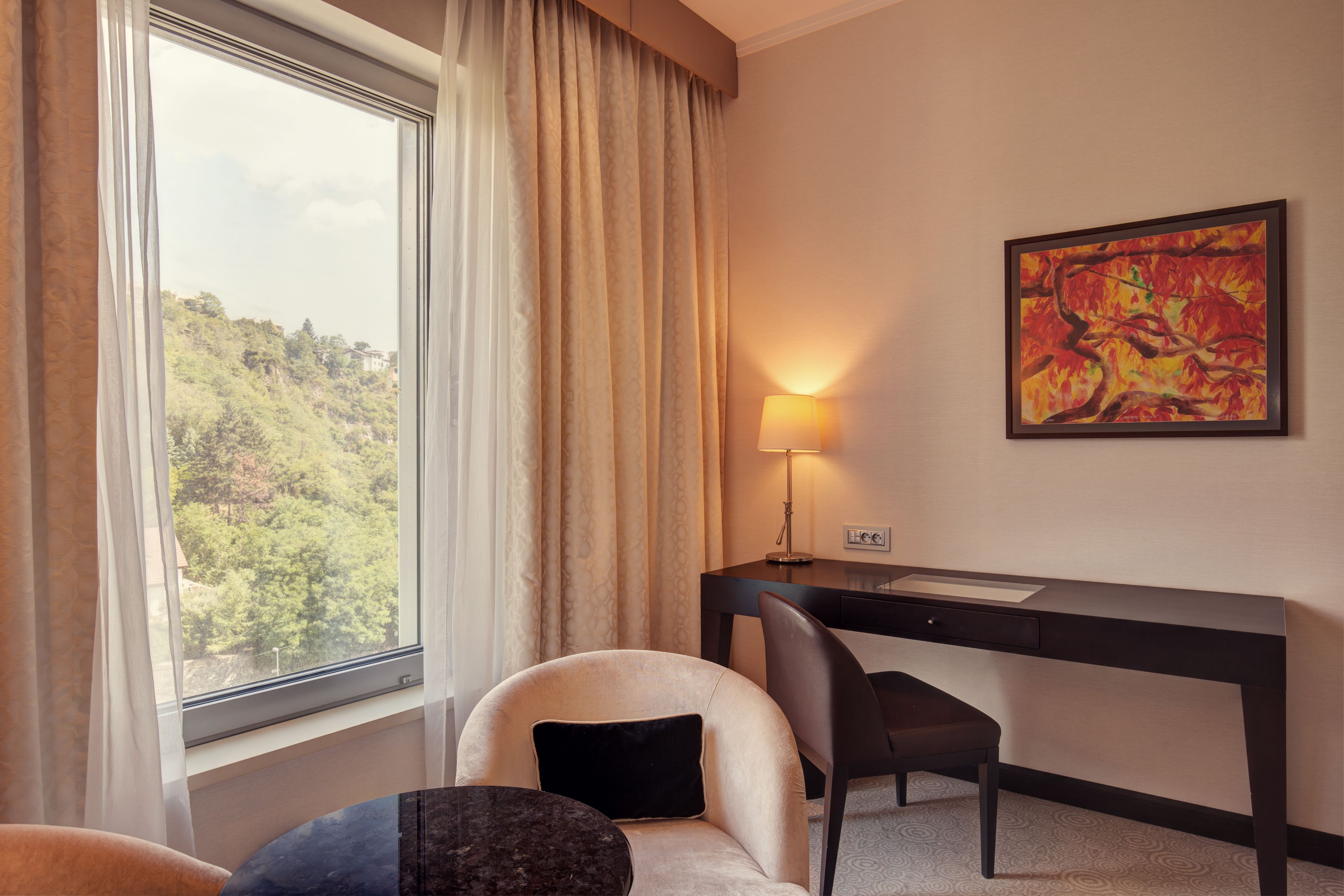 A hotel room with a desk, chair, and a view of a forest through a window.