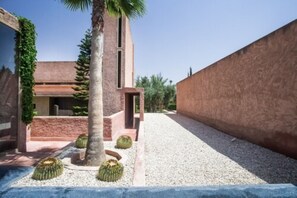 Un edificio moderno con un patio, palmeras y cactus.