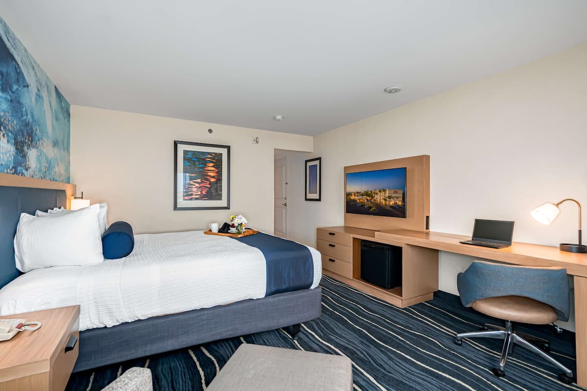 Una habitación de hotel con cama, escritorio, silla y televisor.