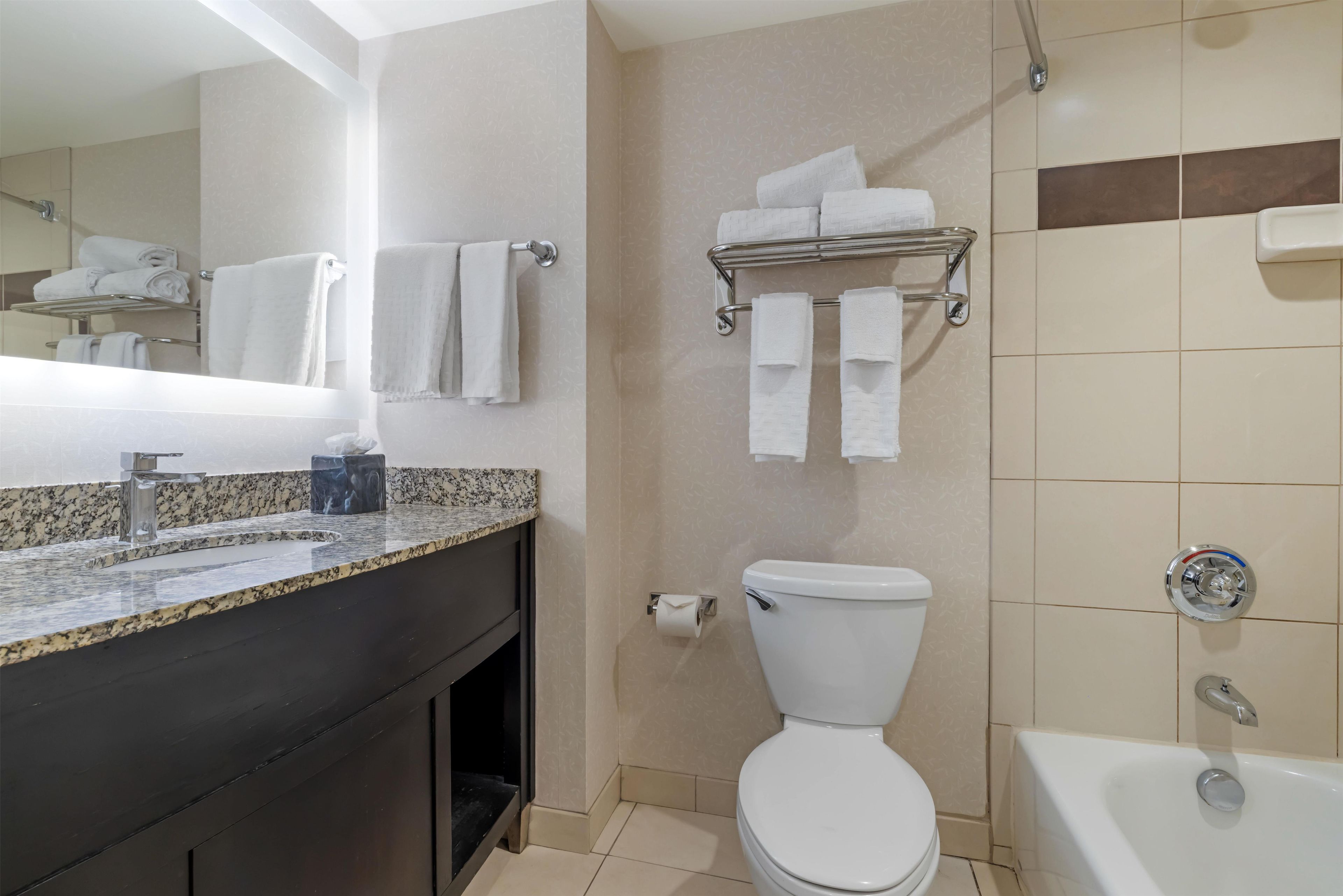 A bathroom with a toilet, sink, and shower area.