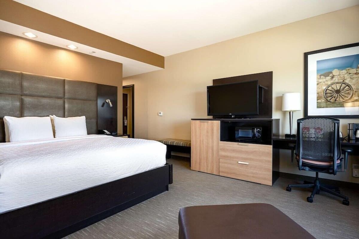 Ein Hotelzimmer mit einem großen Bett, einem Fernseher, einem Schreibtisch mit Stuhl und einem Bild an der Wand.
