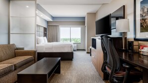 A hotel room with a bed, a sofa, a desk, a TV, and a window with a view.