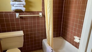 A bathroom with a toilet, a bathtub, and a shower curtain.