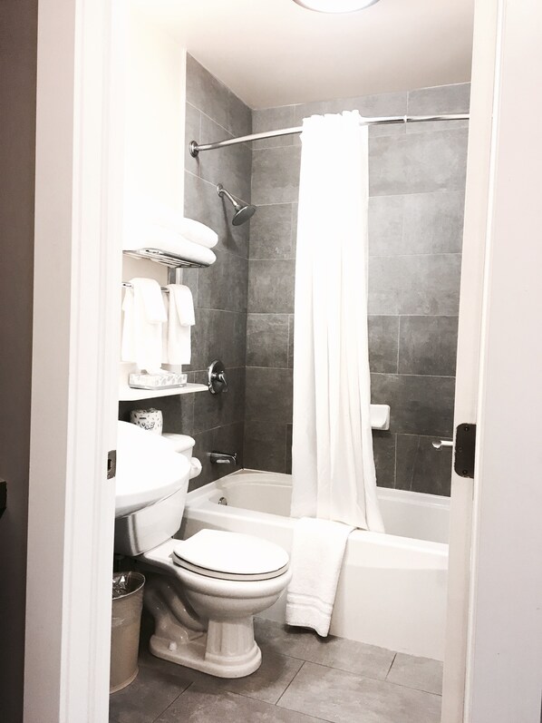 Combined shower/bathtub, free toiletries, hair dryer, towels