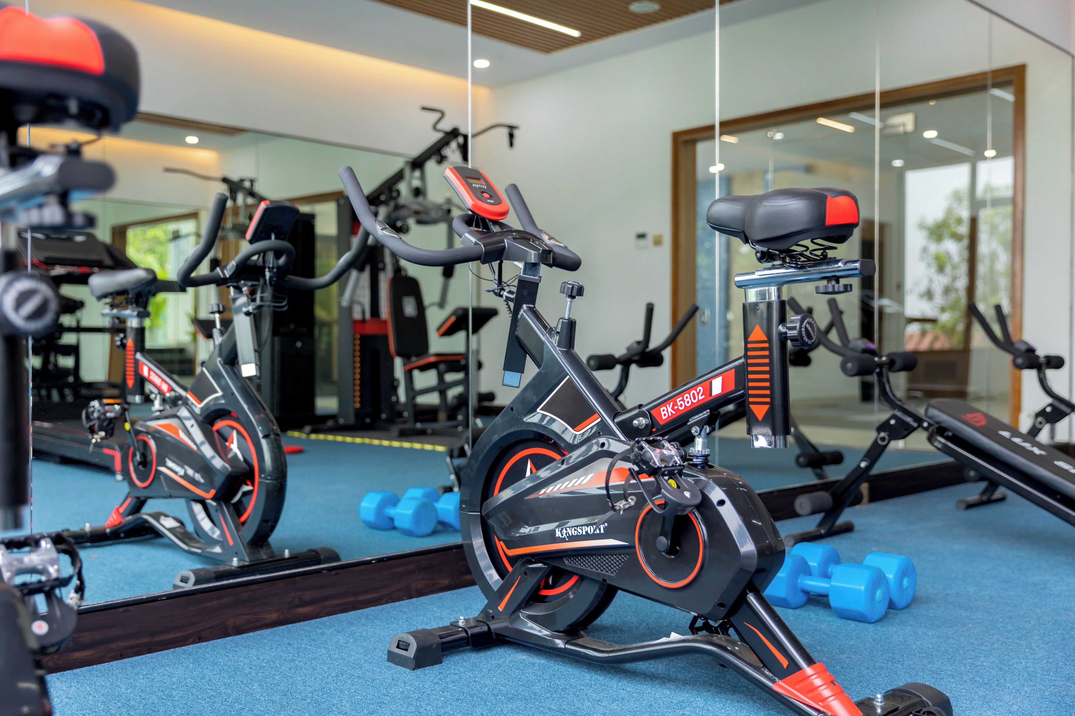 A stationary bike in a gym with a mirror, blue dumbbells, and exercise equipment.