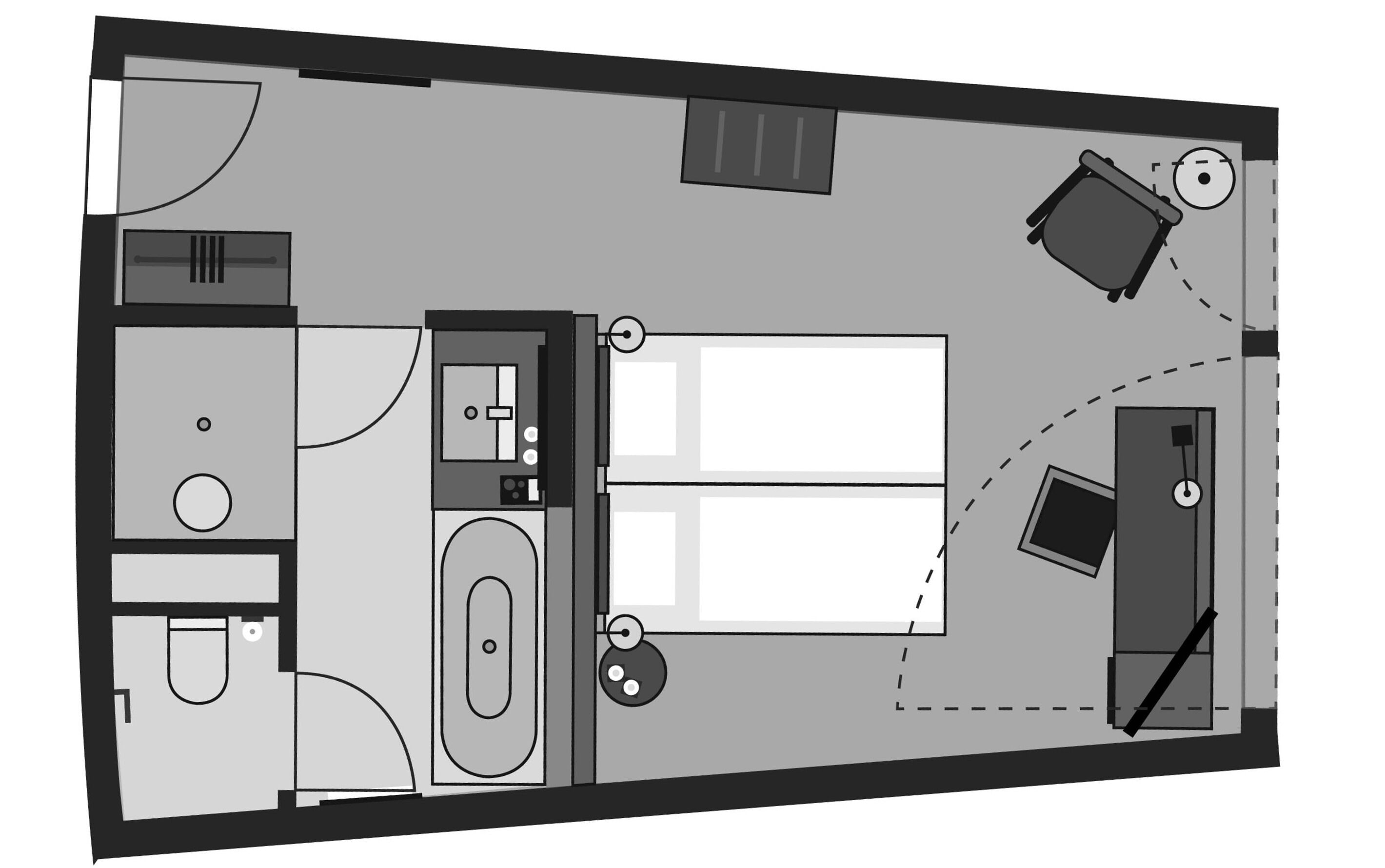 Ein Zimmer mit Bett, Schreibtisch, Stuhl, Kleiderschrank, Badezimmer und einem kleinen Balkon.