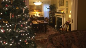 Een gezellige woonkamer met een kerstboom, een open haard en een eethoek.