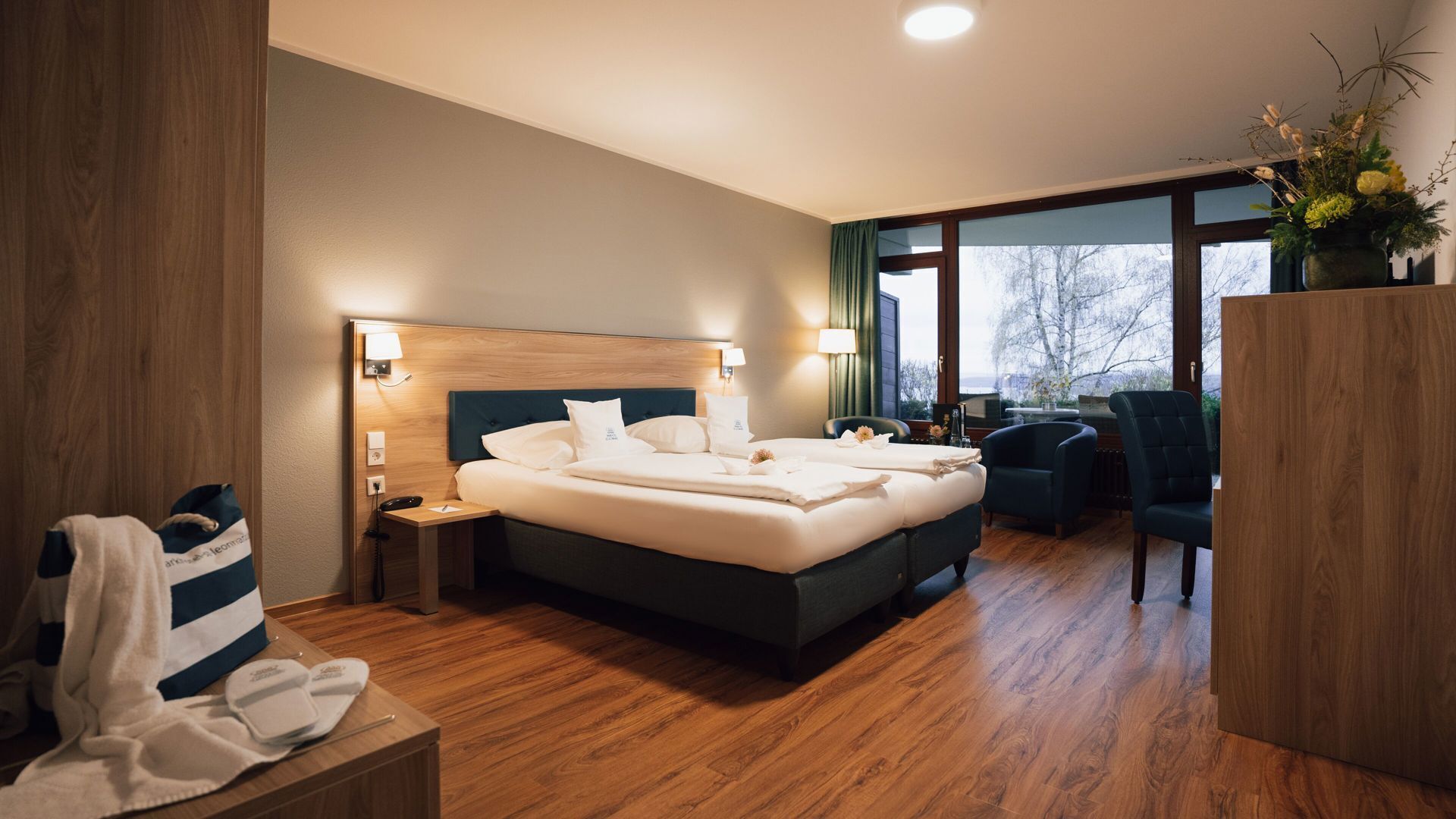 Hypo-allergenic bedding, free minibar items, in-room safe