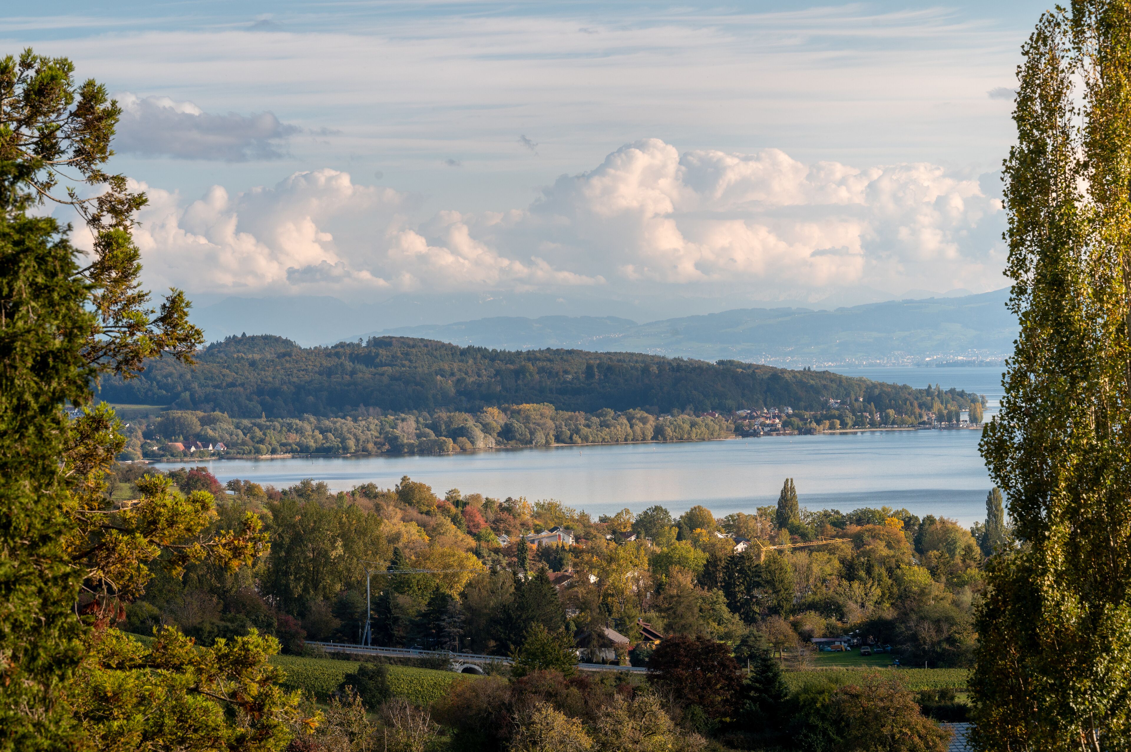 A panoramic view of a lake surrounded by hills and trees, with a bridge in the foreground.