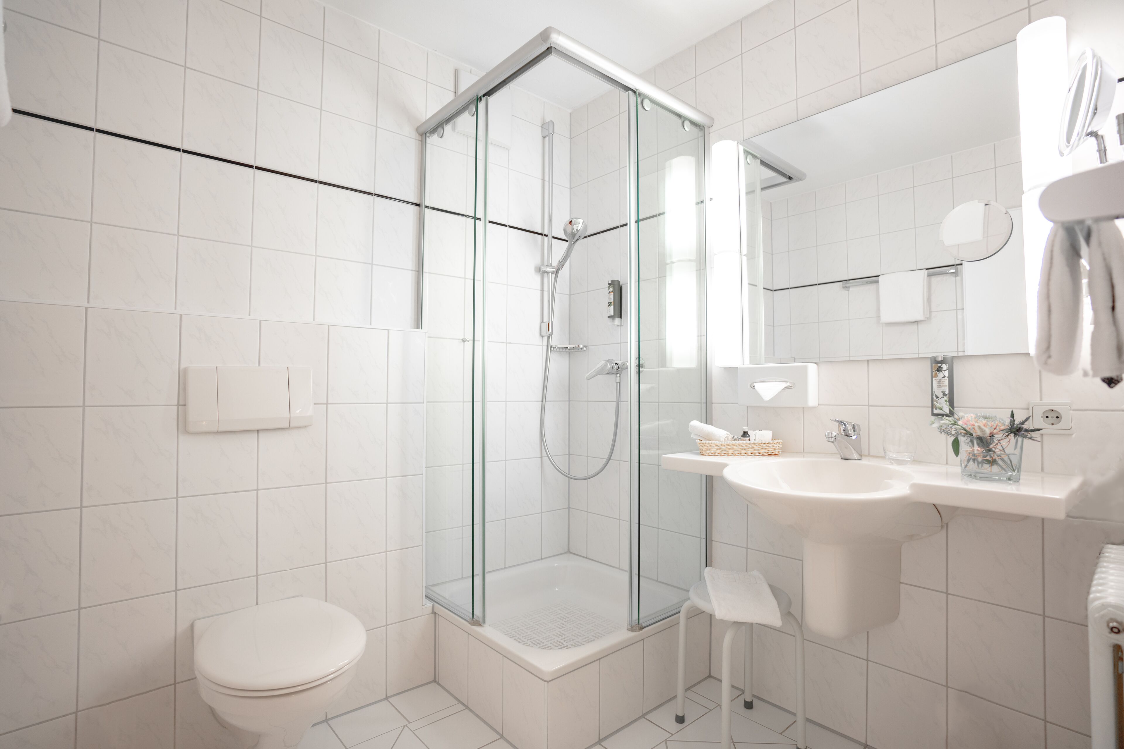 Une salle de bain moderne avec une douche à parois de verre, un lavabo blanc et des toilettes.