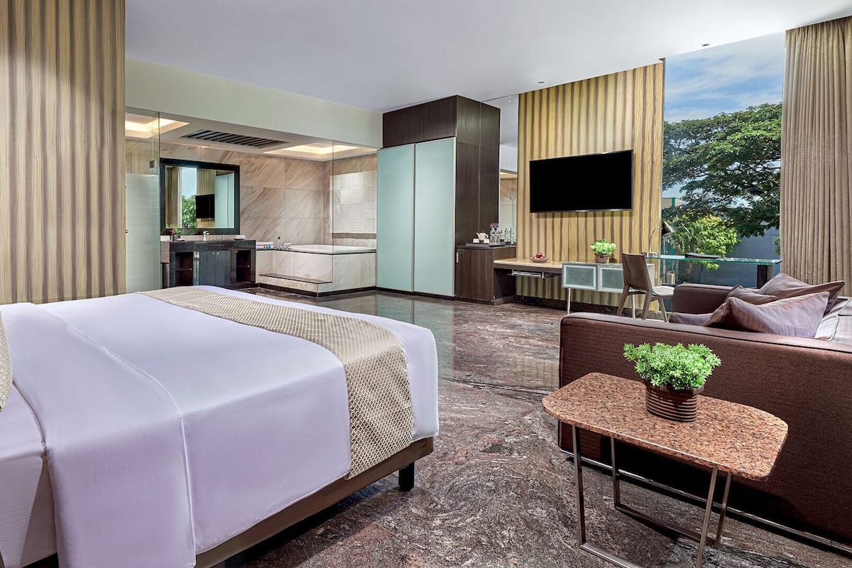 A modern hotel room with a bed, a sofa, a small table with a plant, a TV, and a bathroom with a mirror and sink.