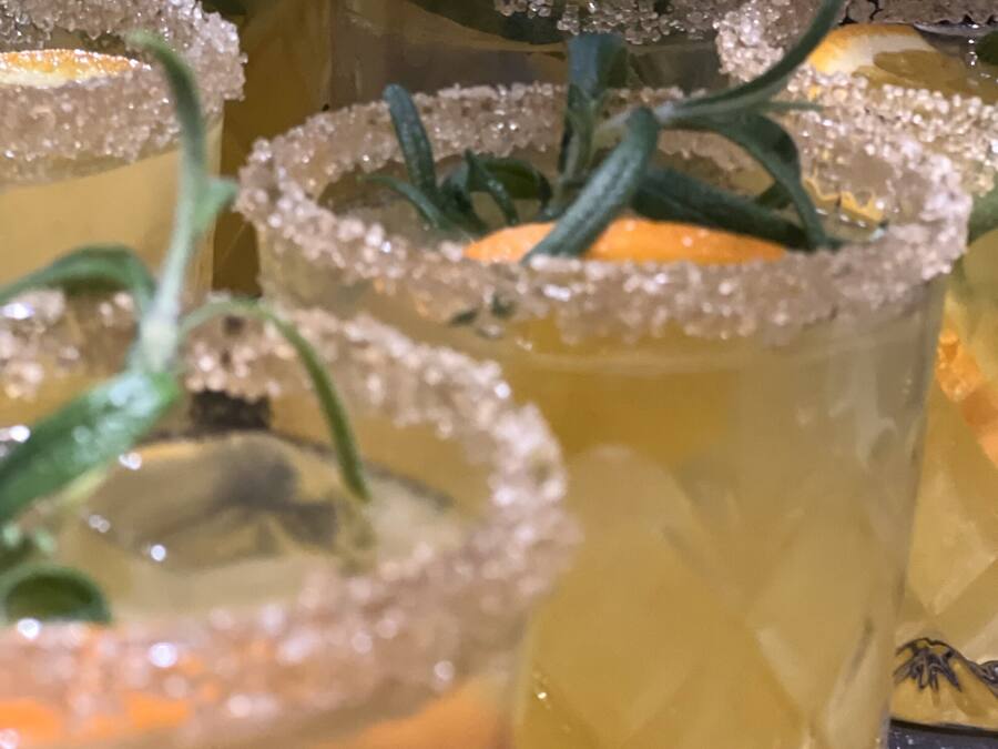 A close-up of several glasses of a yellow beverage garnished with rosemary and sugar.