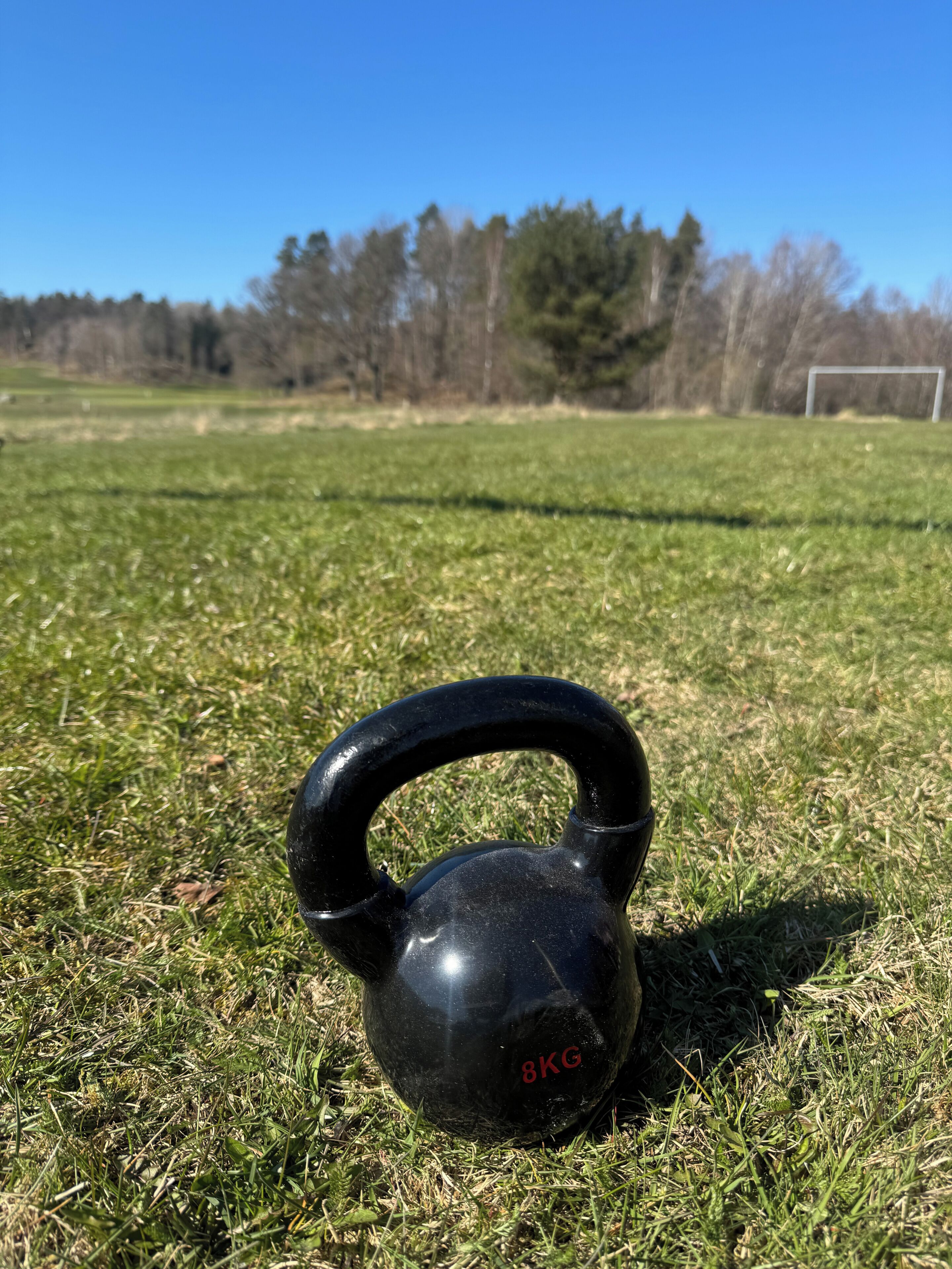 Un kettlebell noir, portant l’inscription « 8 KG », est posé sur l’herbe. On aperçoit en arrière-plan un but de football et des arbres.