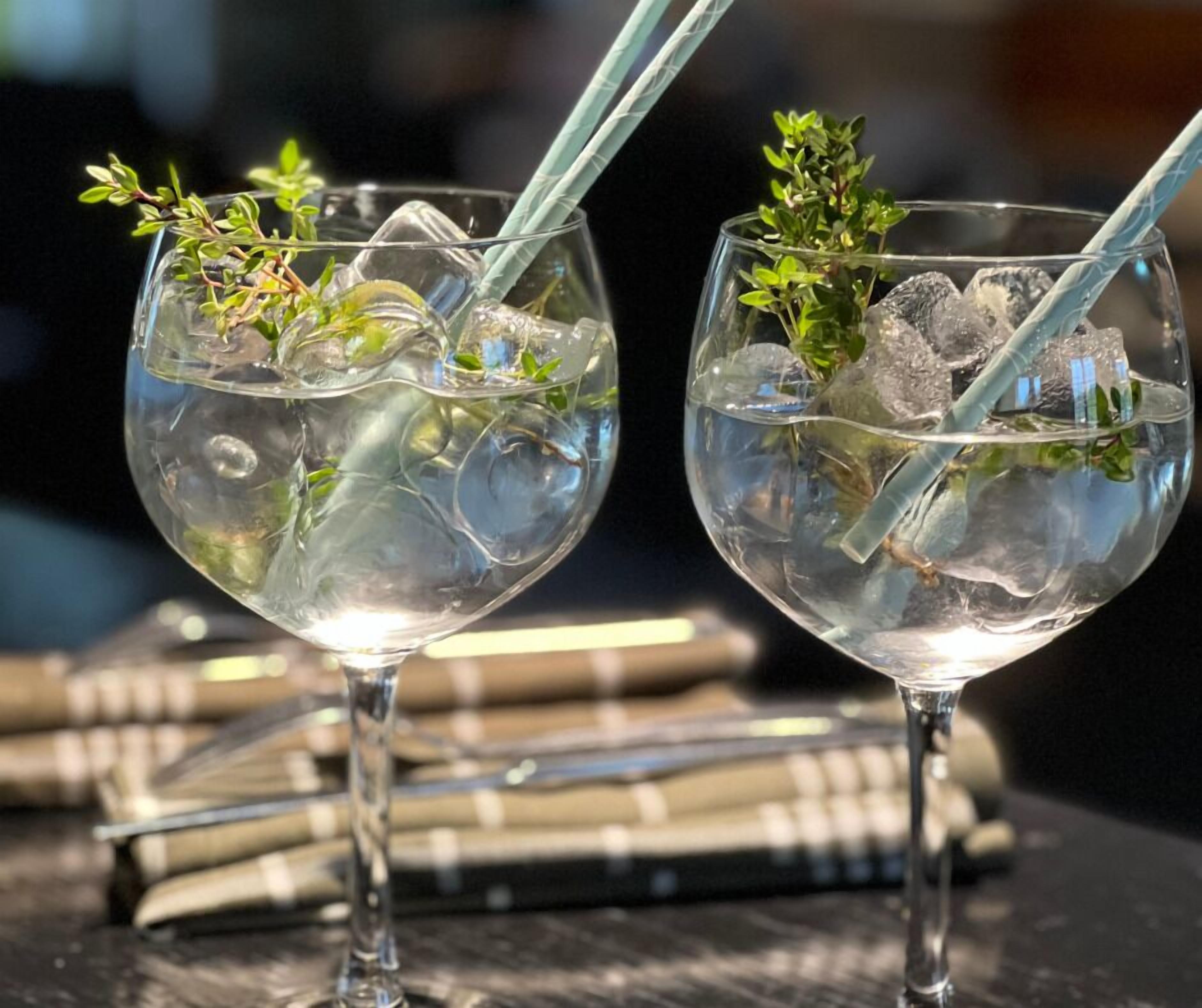 Two glasses of a clear beverage with ice cubes and a sprig of greenery, placed on a table with a striped napkin underneath.