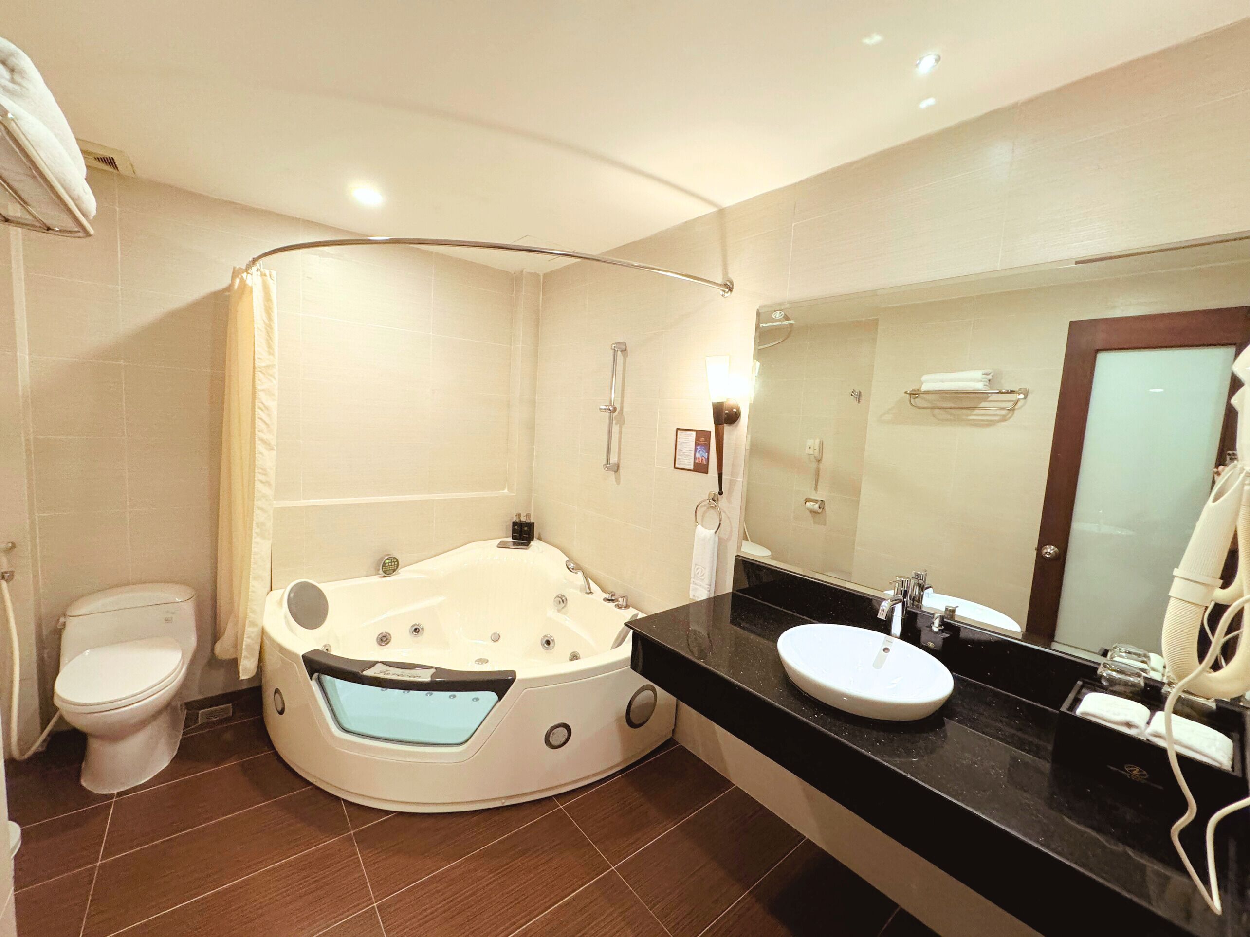 free toiletries, hair dryer, dressing gowns, slippers