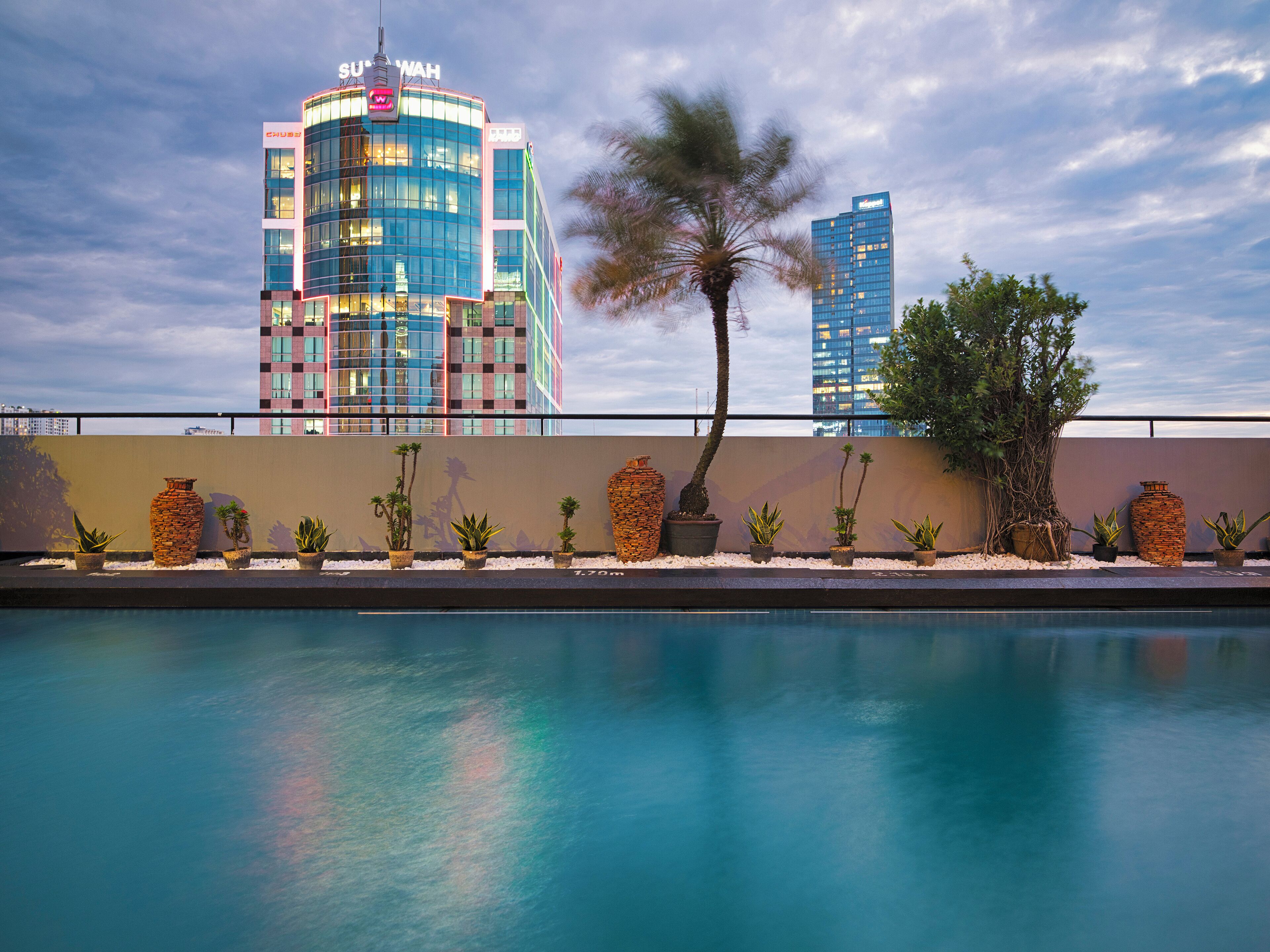 Un hotel moderno con piscina, rodeado de plantas en macetas y una palmera.