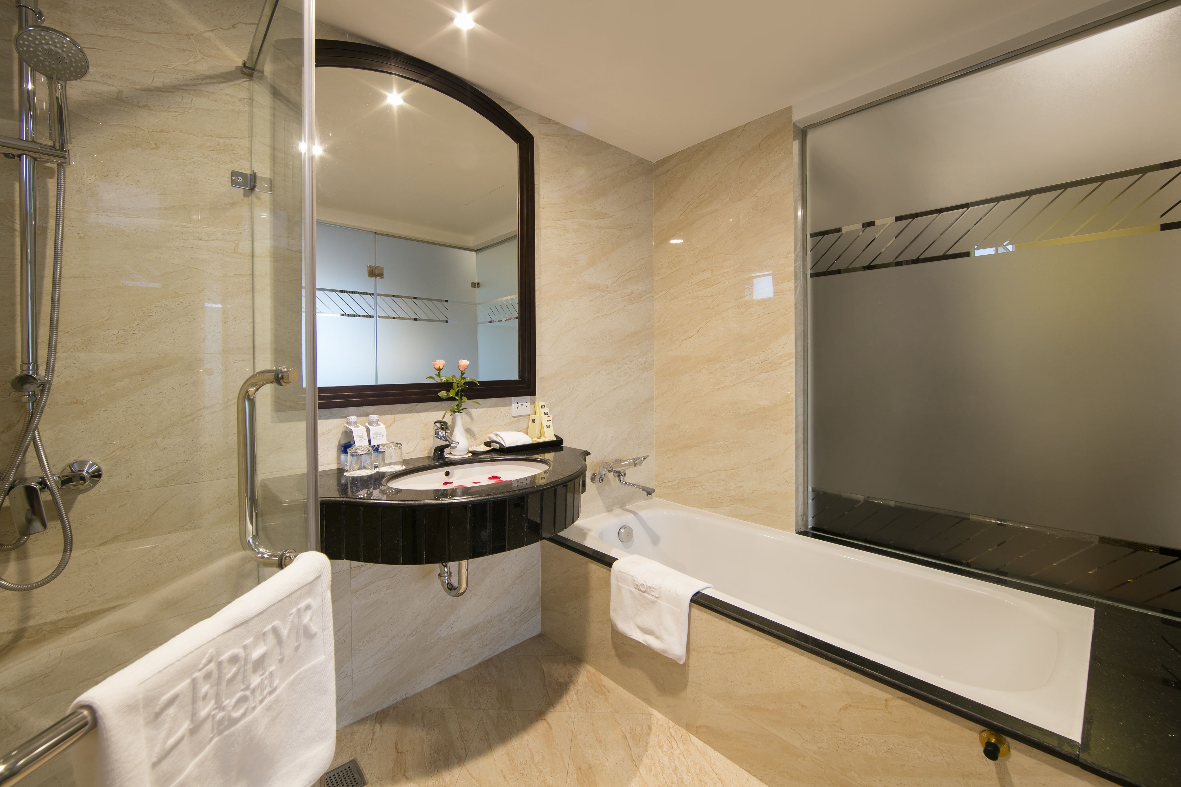 rainfall showerhead, free toiletries, hair dryer, slippers