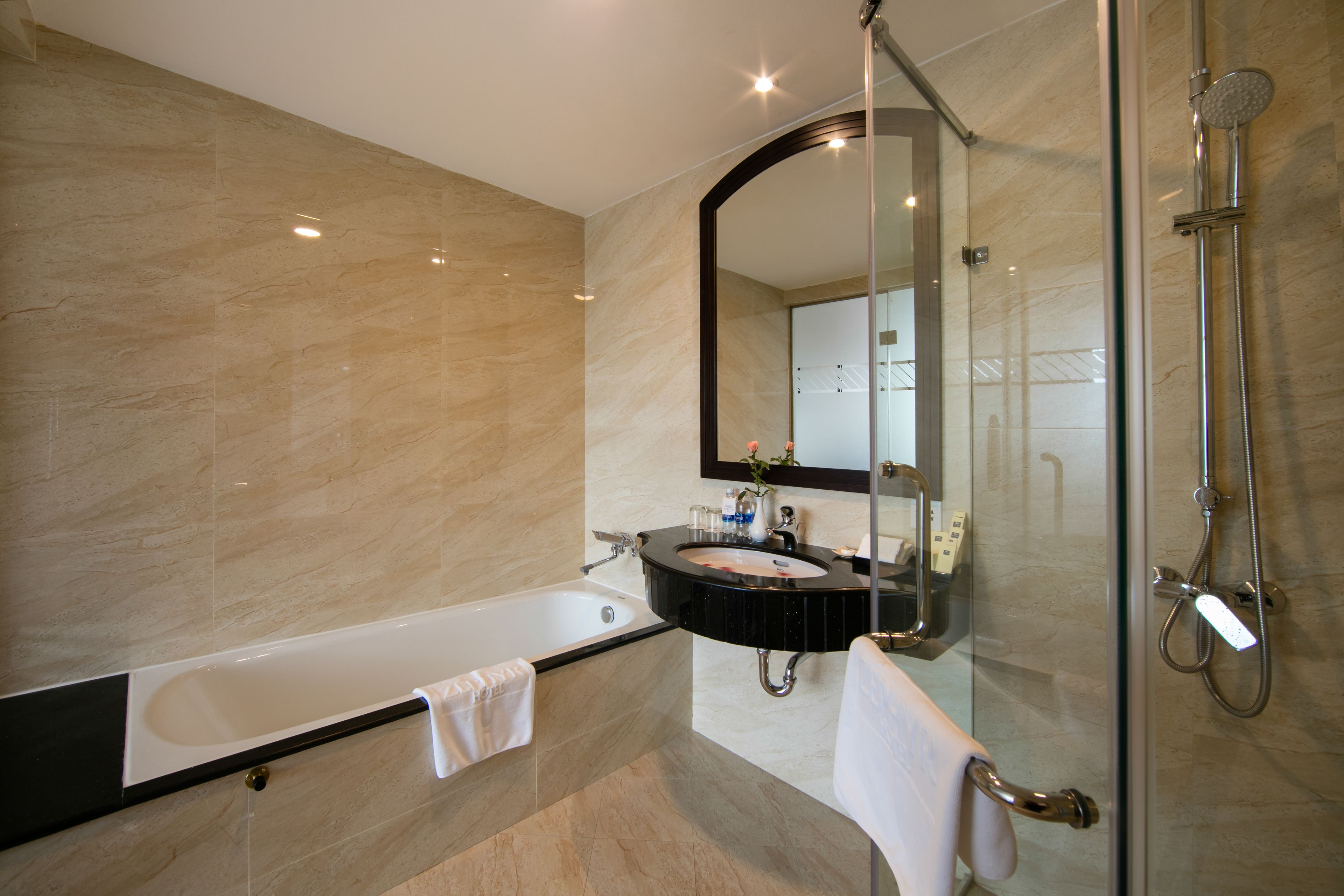 rainfall showerhead, free toiletries, hair dryer, slippers