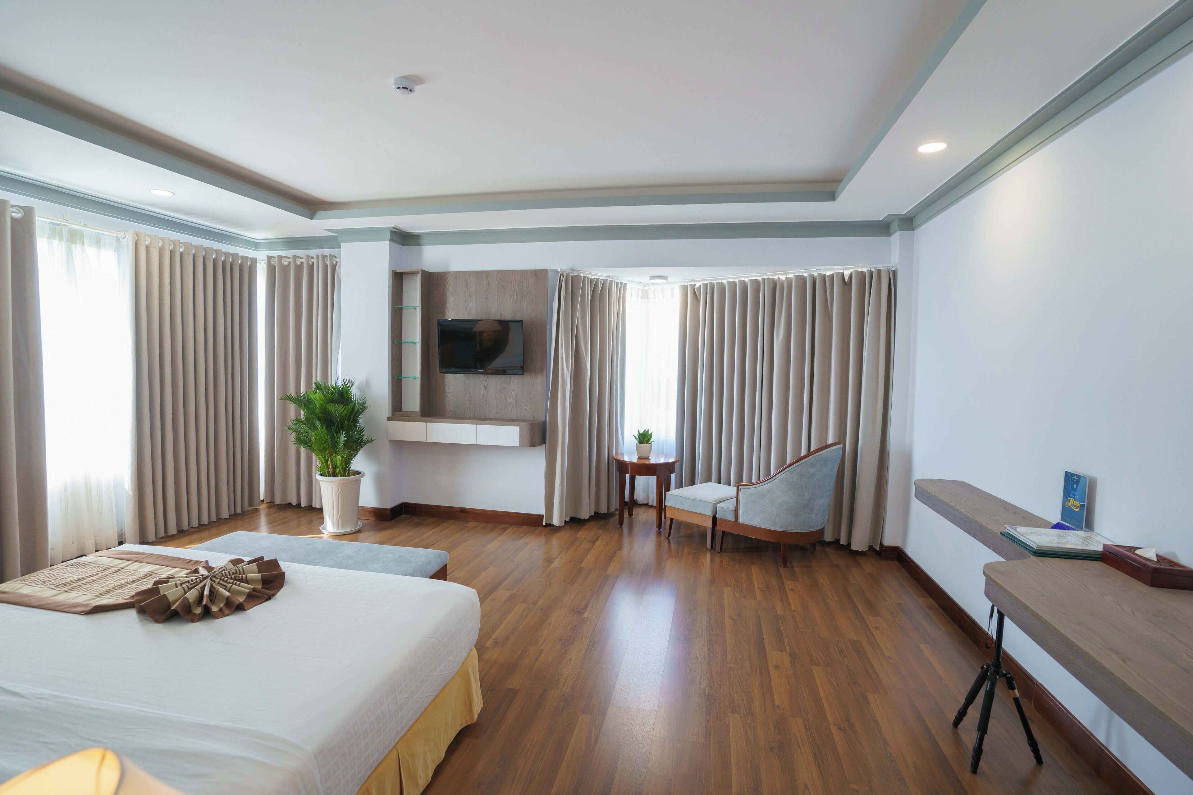 A hotel room with a large bed, a desk, a chair, a TV mounted on the wall, and a potted plant.