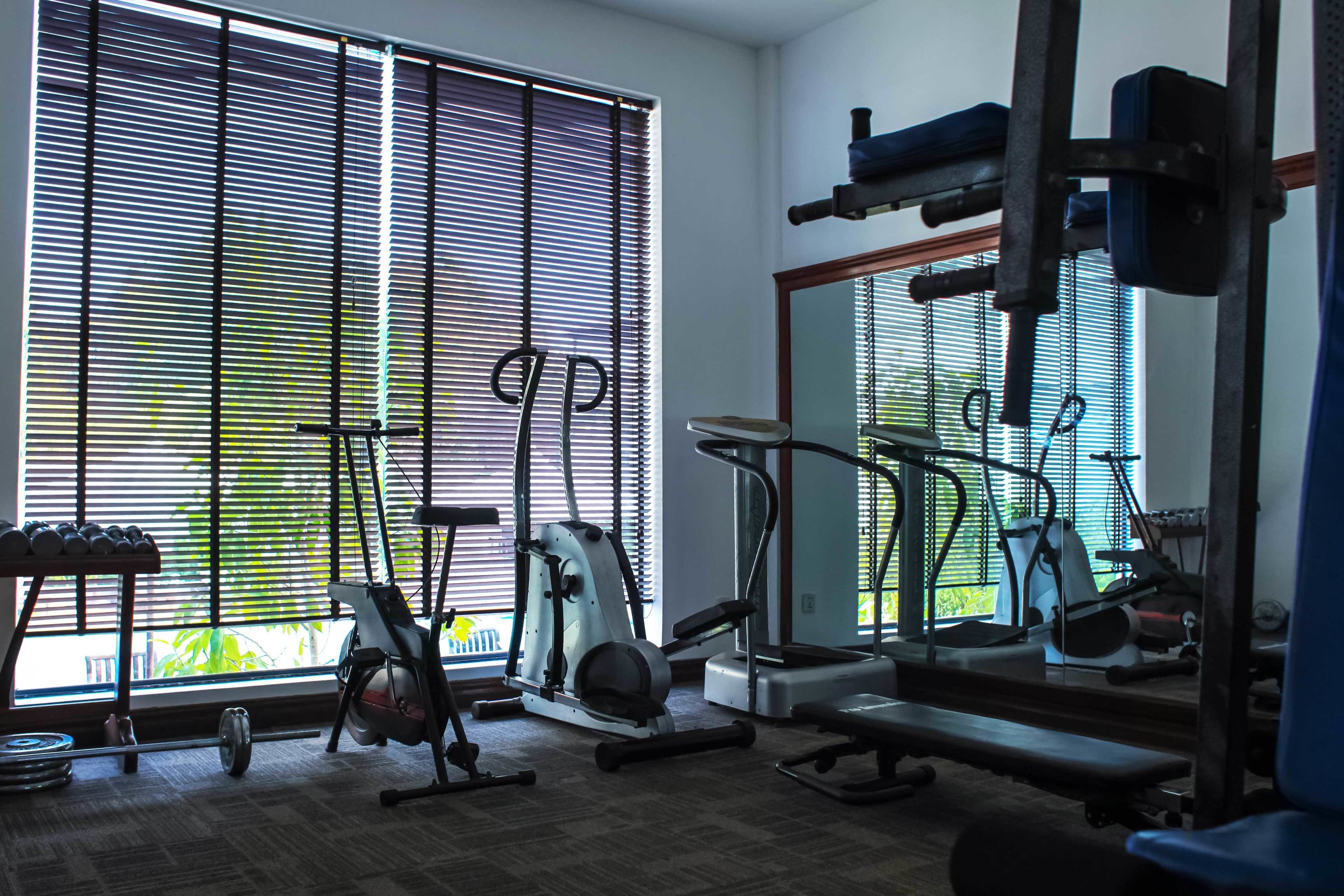 A gym with exercise equipment, large windows, and a view of greenery.