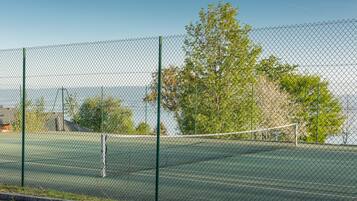A tennis court with a chain-link fence, trees, and a view of the water.
